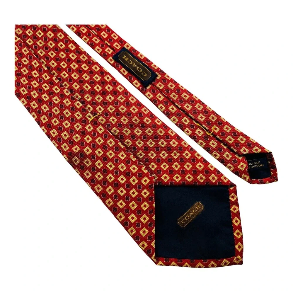 Coach Red‎ w/ Gold Square Silk Tie Mens Size 3.75